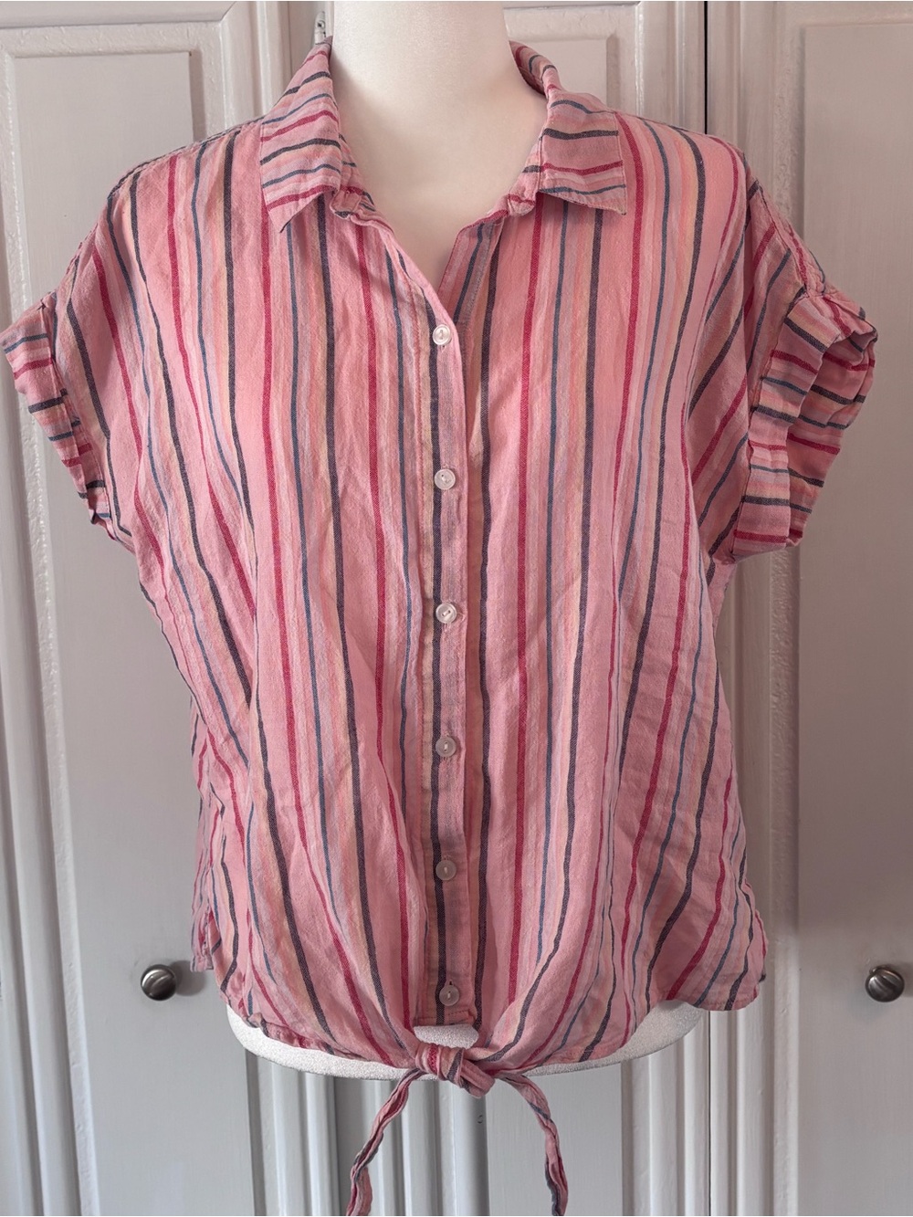 Sanctuary Pink Striped Tie-Hem Button Down Shirt sz L